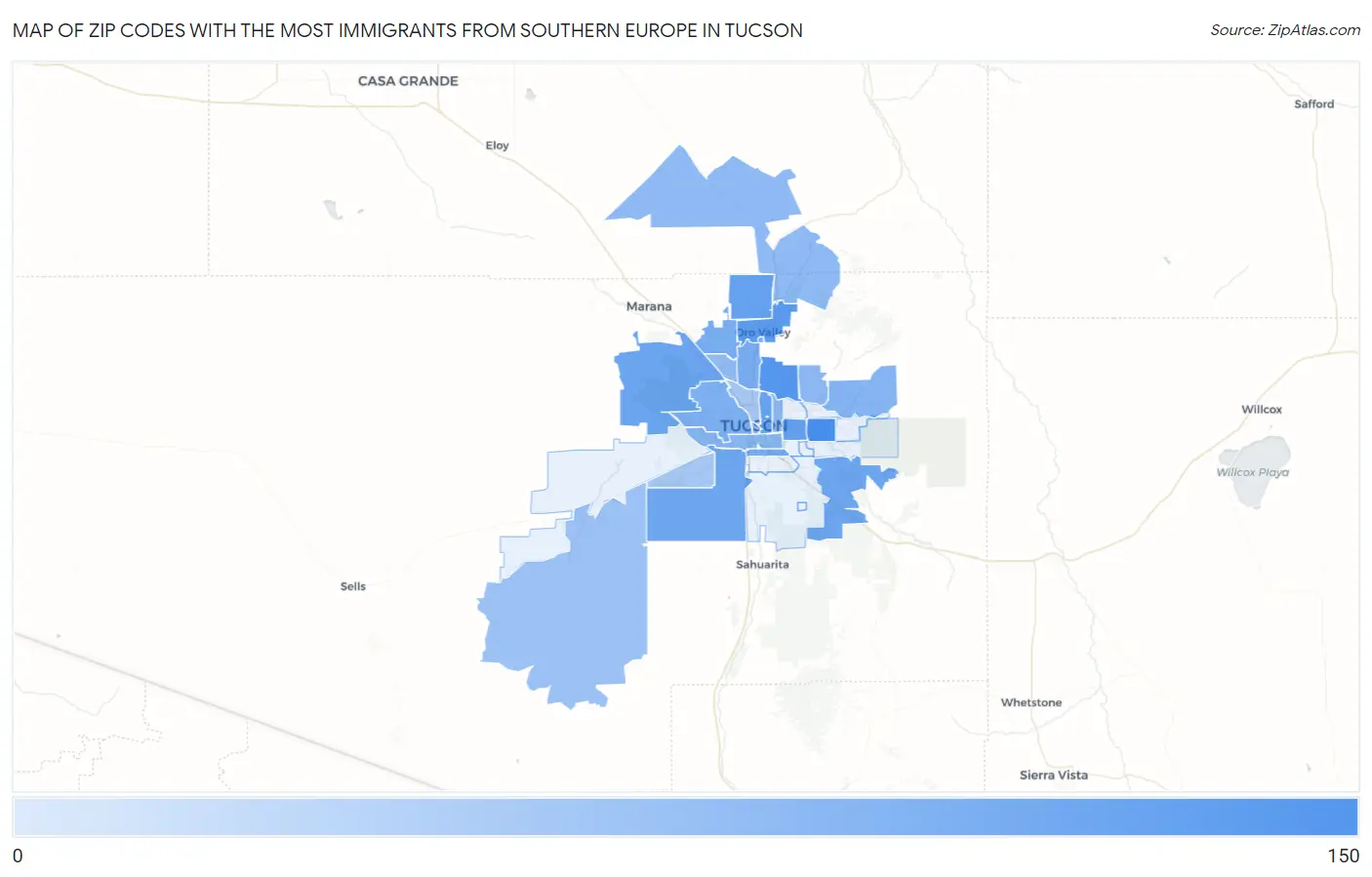 Zip Codes with the Most Immigrants from Southern Europe in Tucson Map
