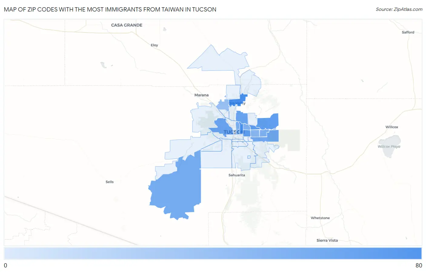 Zip Codes with the Most Immigrants from Taiwan in Tucson Map