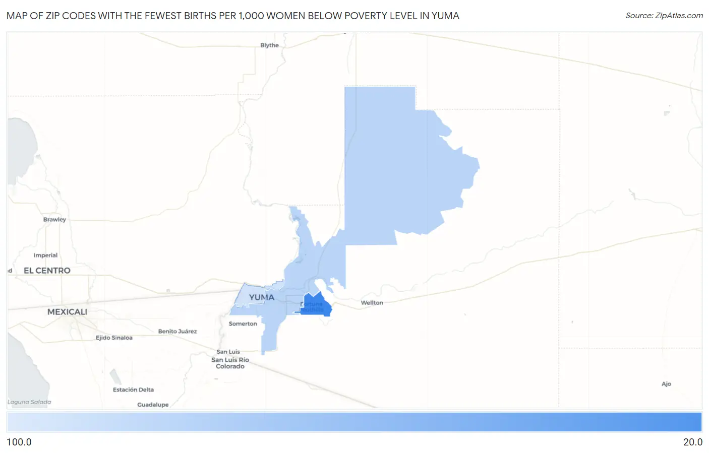 Zip Codes with the Fewest Births per 1,000 Women Below Poverty Level in Yuma Map