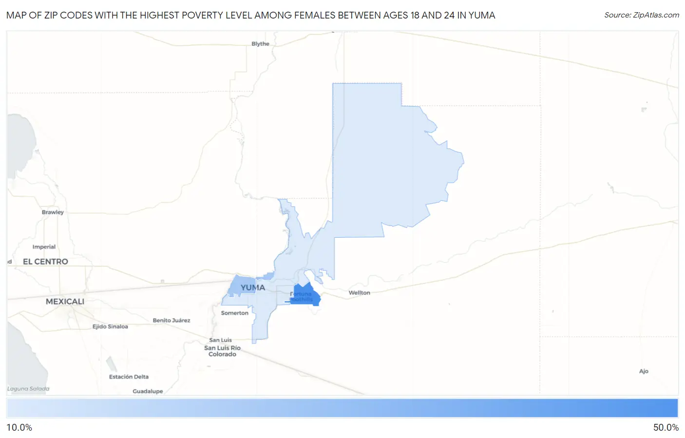 Zip Codes with the Highest Poverty Level Among Females Between Ages 18 and 24 in Yuma Map