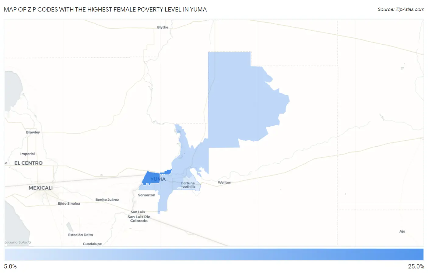 Zip Codes with the Highest Female Poverty Level in Yuma Map