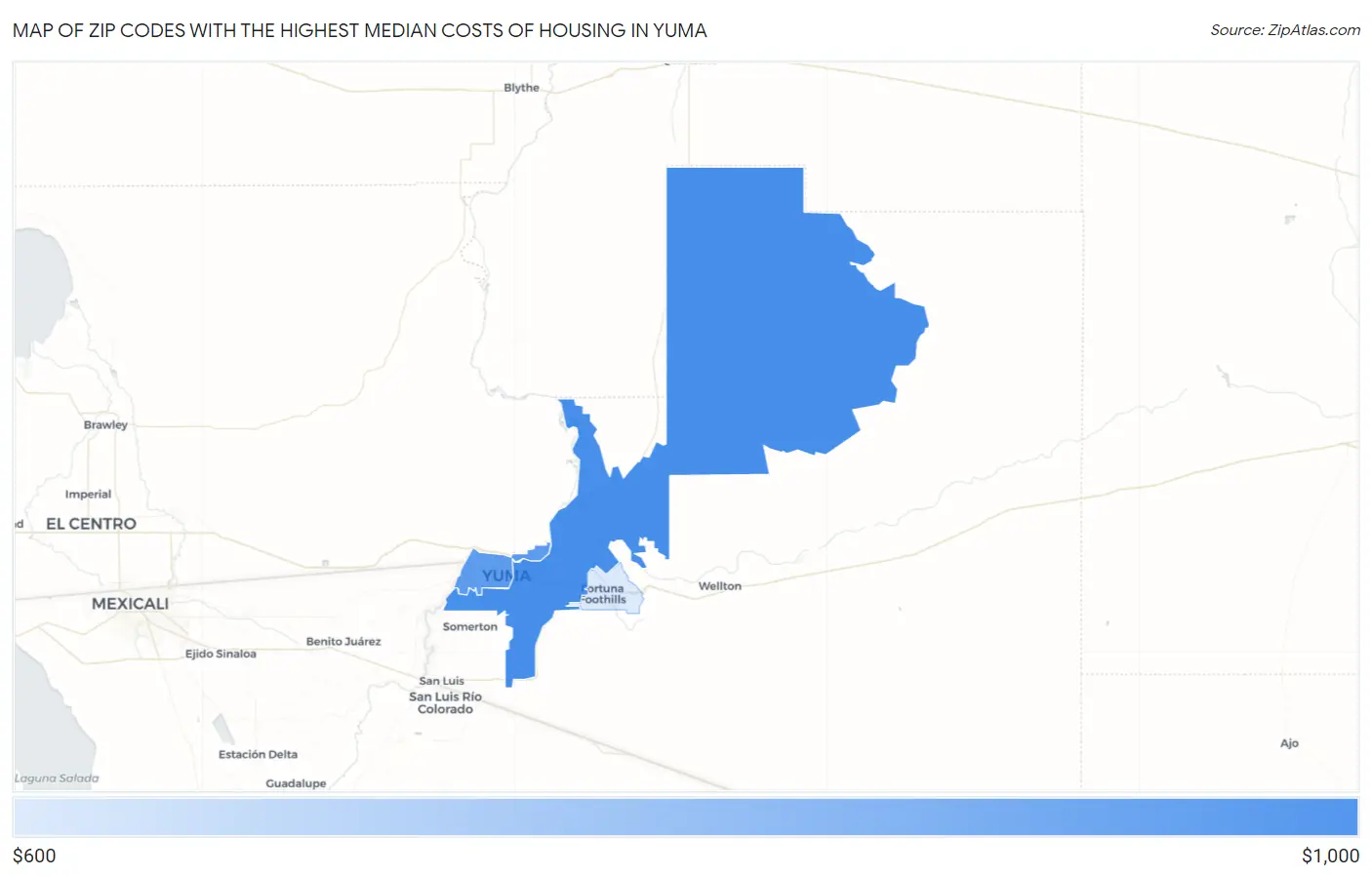 Zip Codes with the Highest Median Costs of Housing in Yuma Map