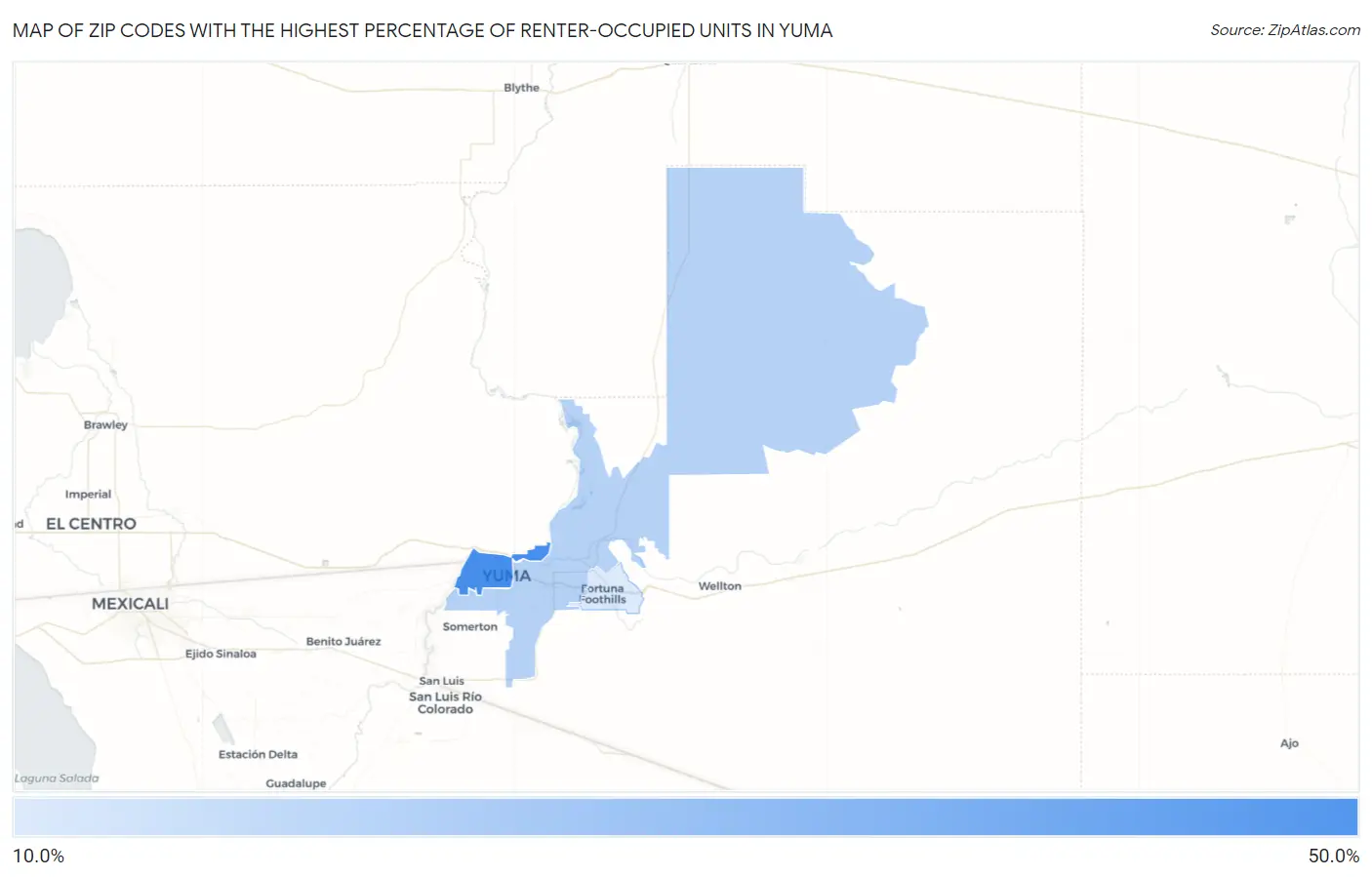 Zip Codes with the Highest Percentage of Renter-Occupied Units in Yuma Map