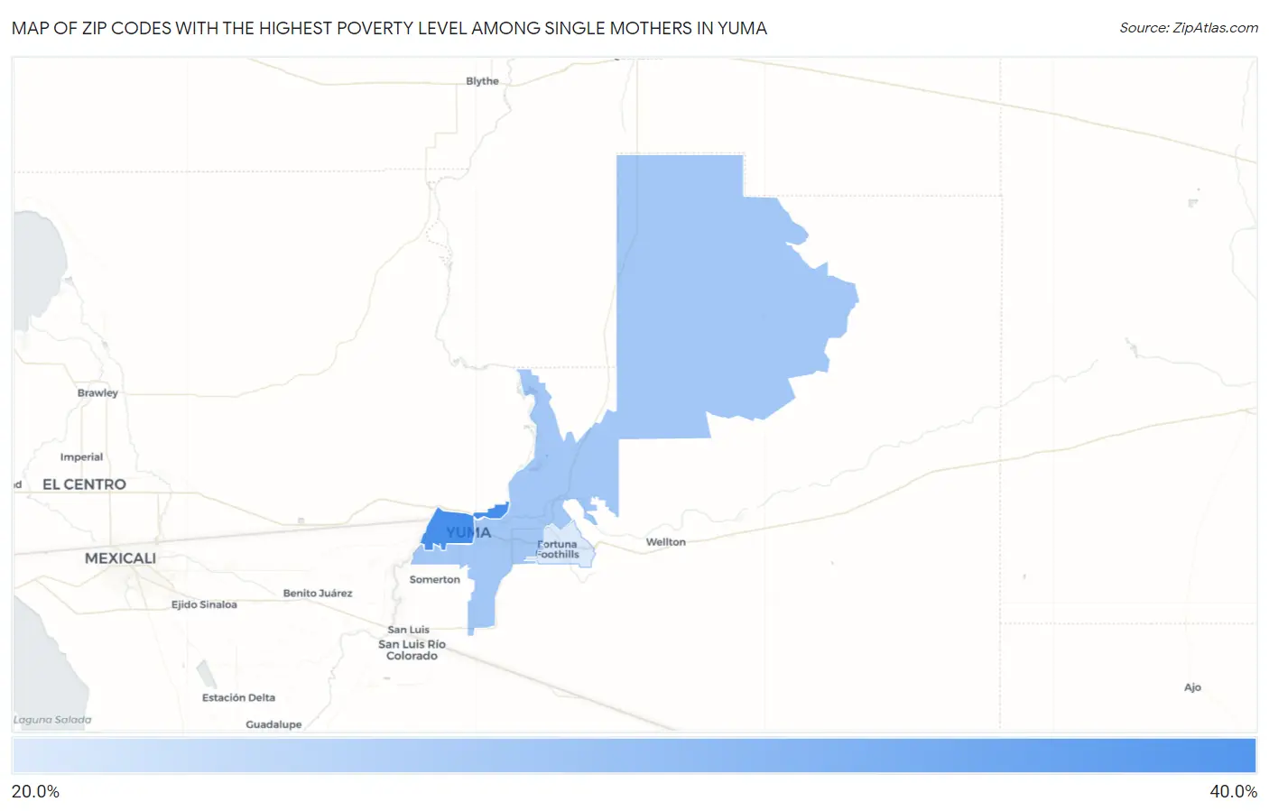 Zip Codes with the Highest Poverty Level Among Single Mothers in Yuma Map