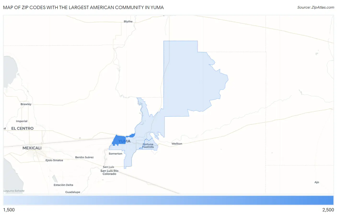 Zip Codes with the Largest American Community in Yuma Map