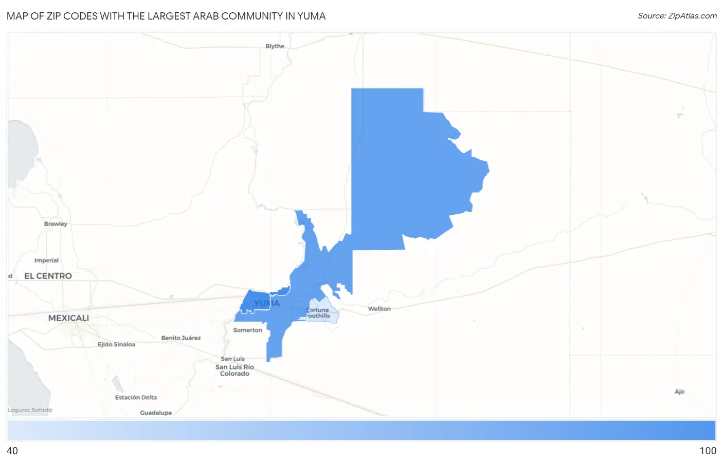 Zip Codes with the Largest Arab Community in Yuma Map