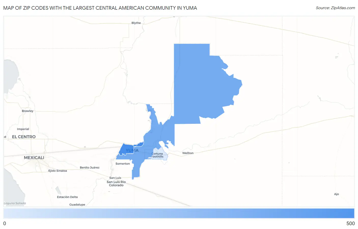 Zip Codes with the Largest Central American Community in Yuma Map