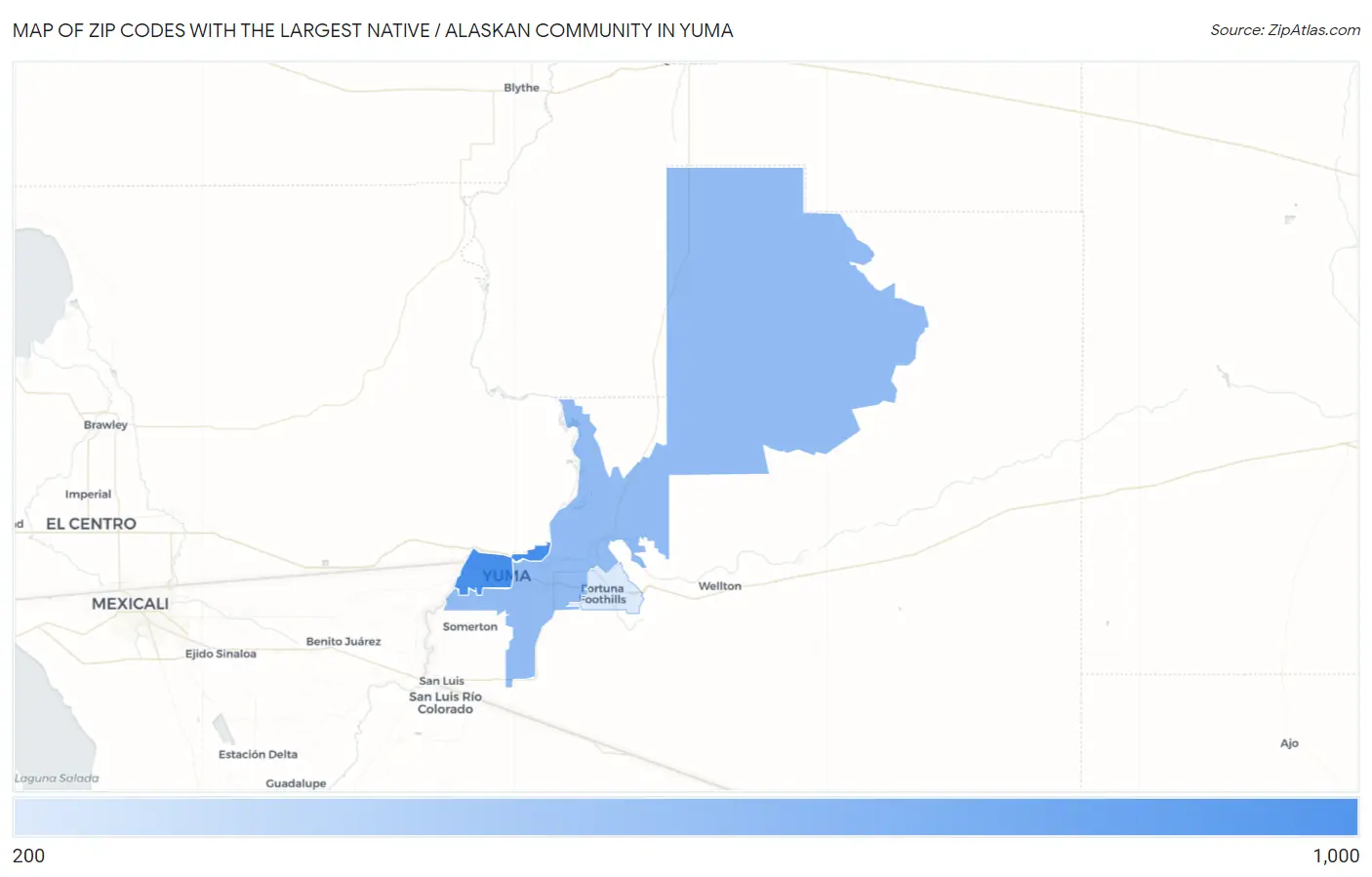 Zip Codes with the Largest Native / Alaskan Community in Yuma Map
