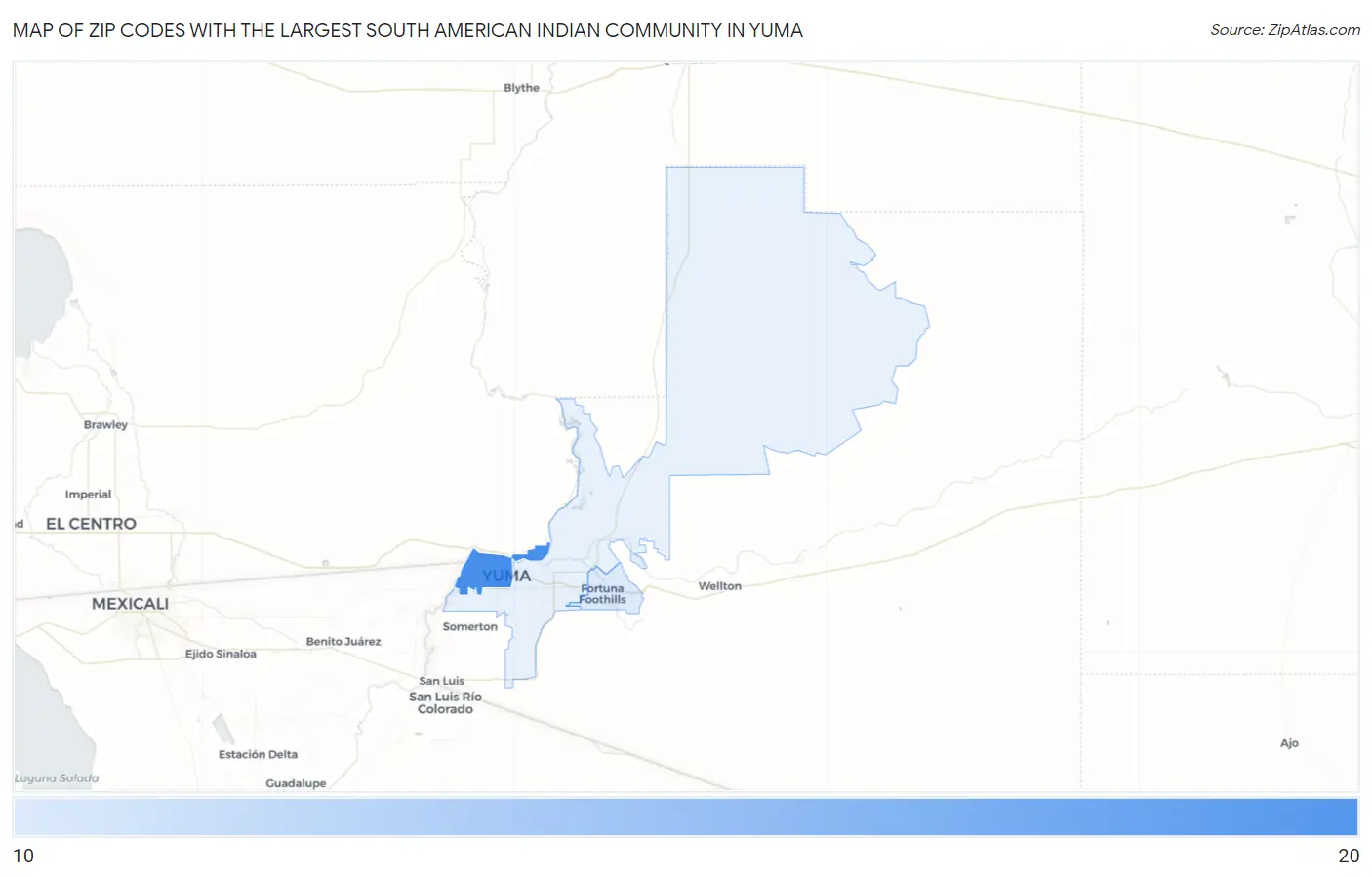 Zip Codes with the Largest South American Indian Community in Yuma Map