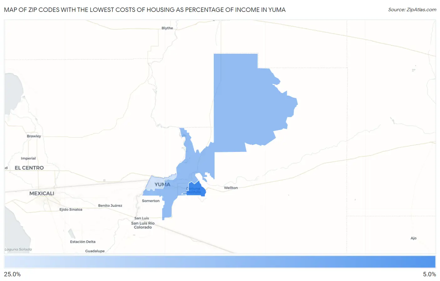 Zip Codes with the Lowest Costs of Housing as Percentage of Income in Yuma Map