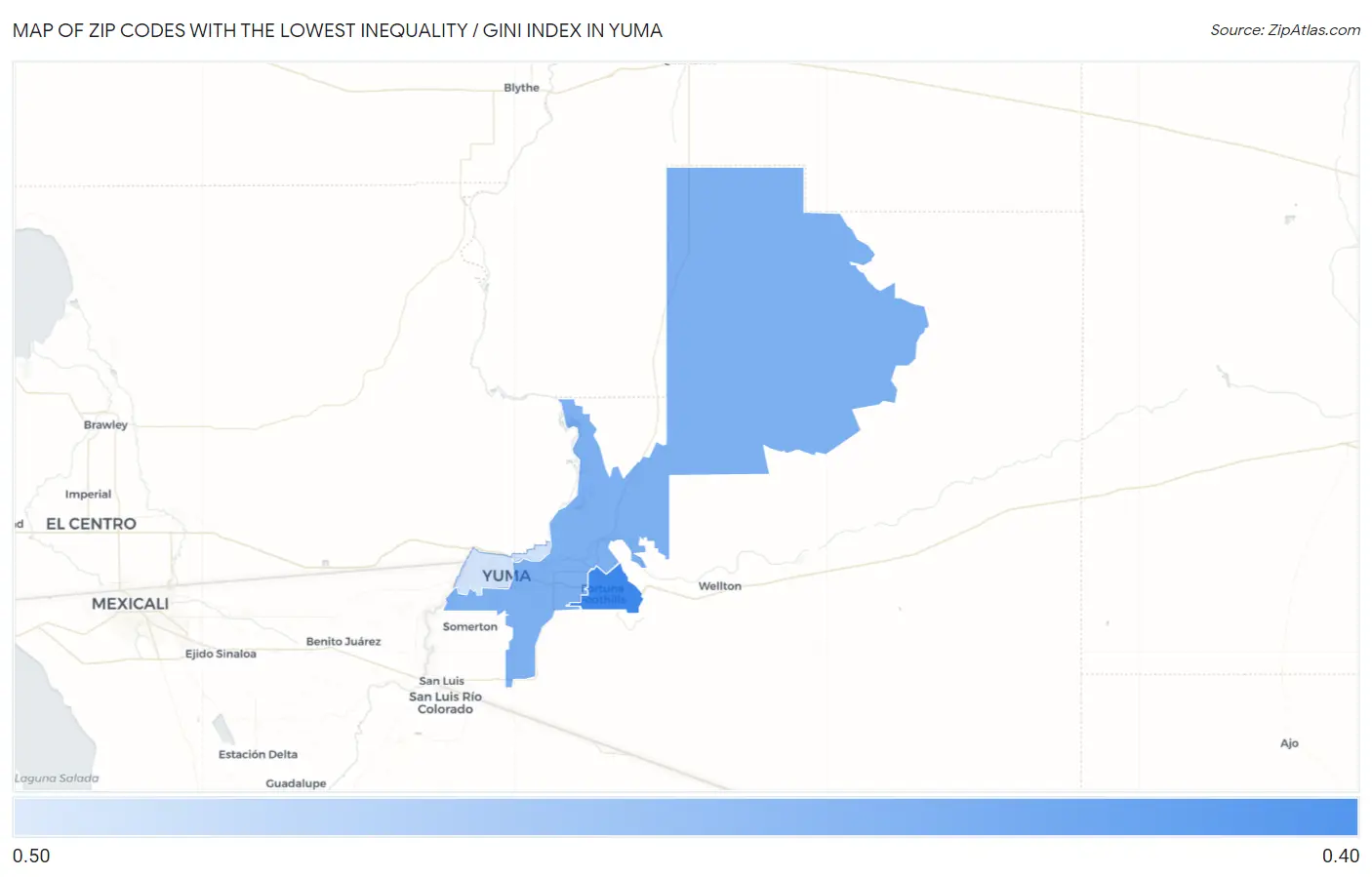 Zip Codes with the Lowest Inequality / Gini Index in Yuma Map