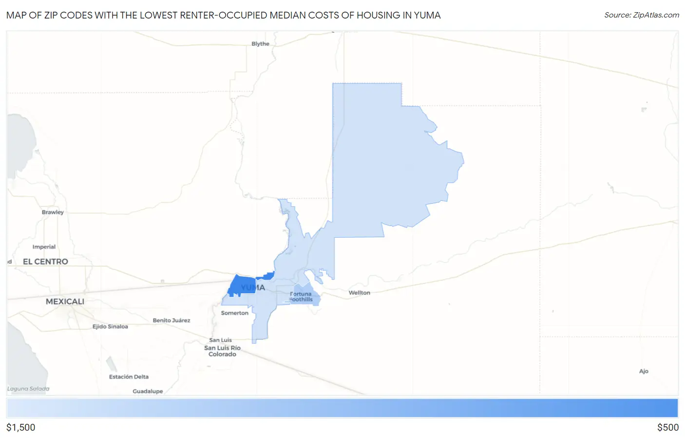 Zip Codes with the Lowest Renter-Occupied Median Costs of Housing in Yuma Map