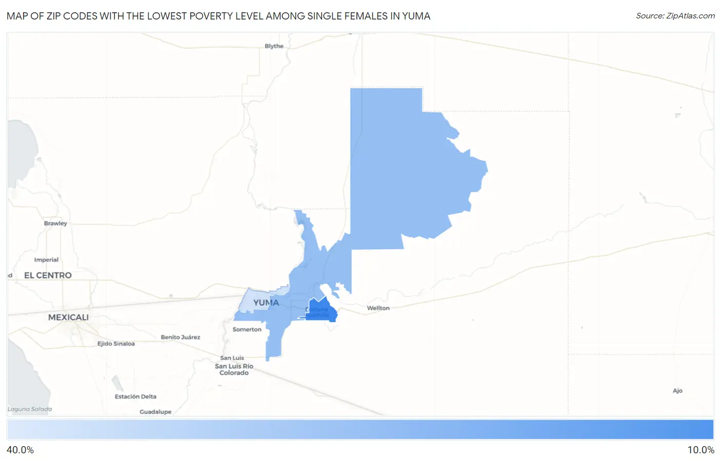 Zip Codes with the Lowest Poverty Level Among Single Females in Yuma Map