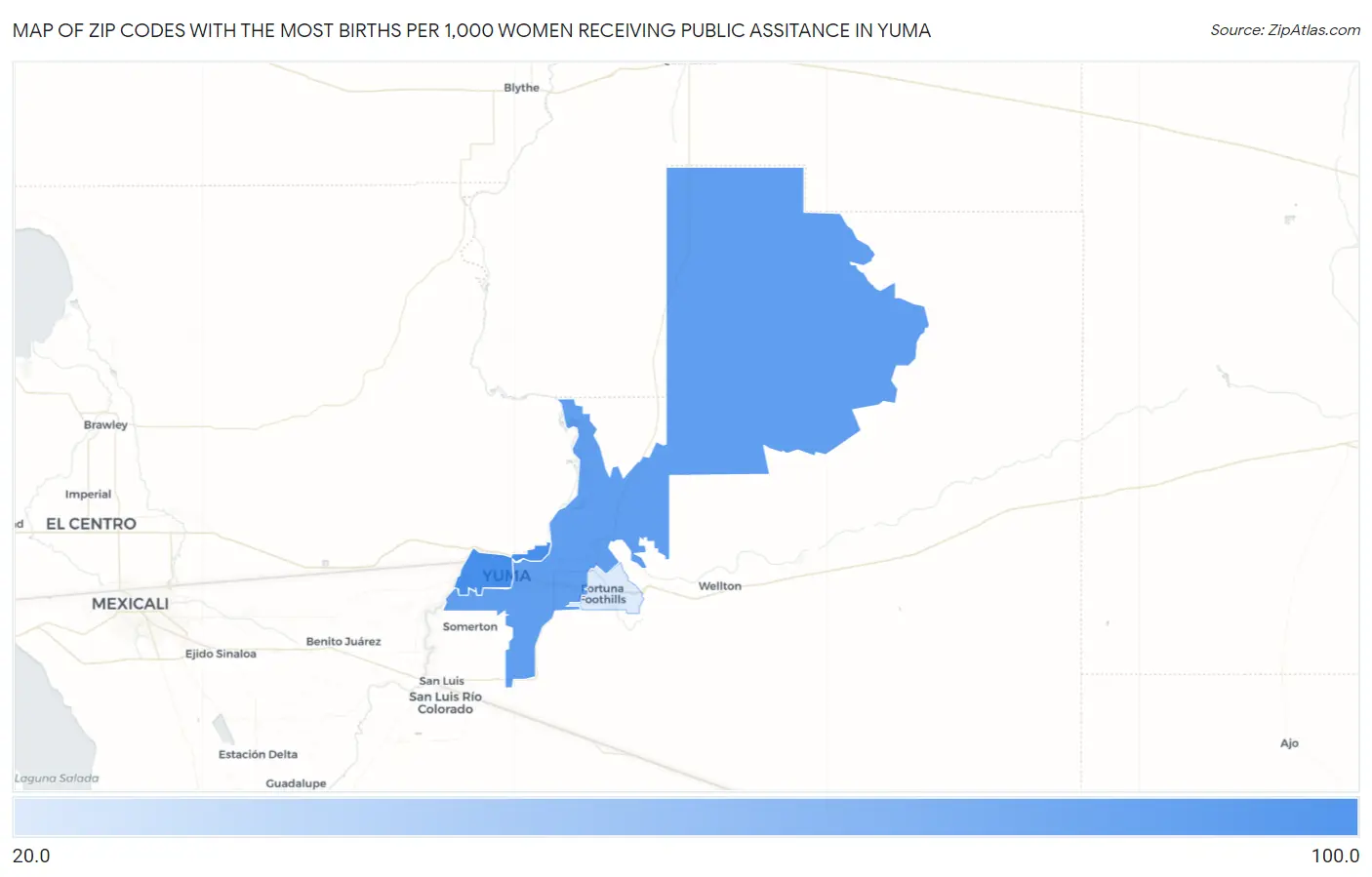 Zip Codes with the Most Births per 1,000 Women Receiving Public Assitance in Yuma Map