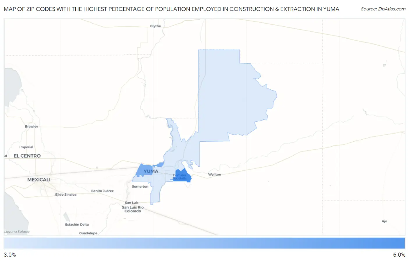 Zip Codes with the Highest Percentage of Population Employed in Construction & Extraction in Yuma Map