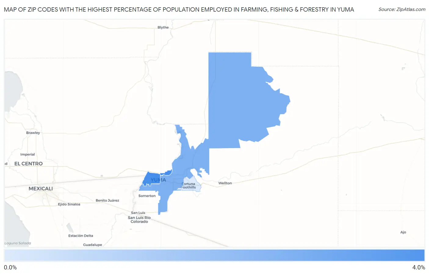Zip Codes with the Highest Percentage of Population Employed in Farming, Fishing & Forestry in Yuma Map
