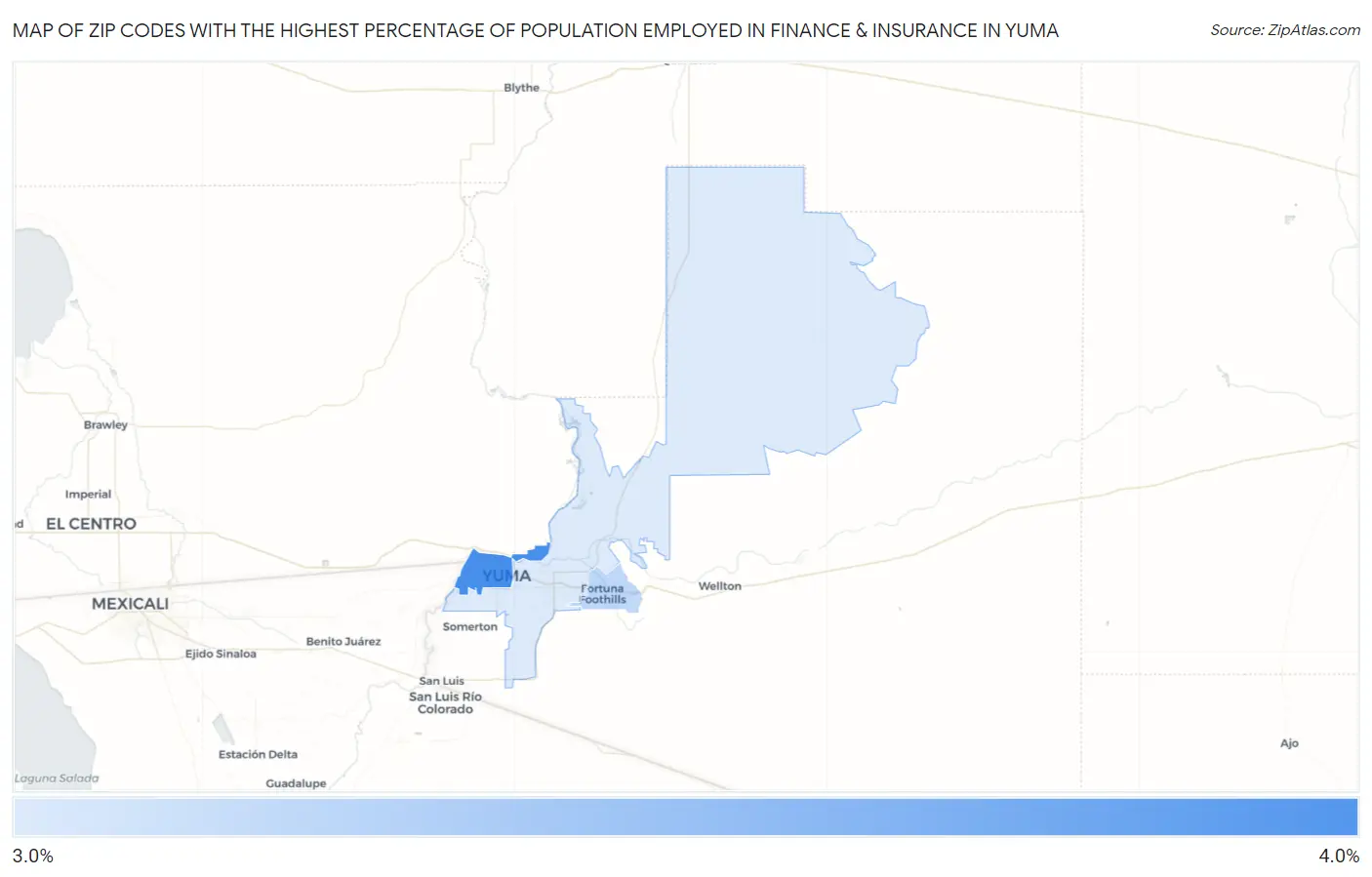 Zip Codes with the Highest Percentage of Population Employed in Finance & Insurance in Yuma Map