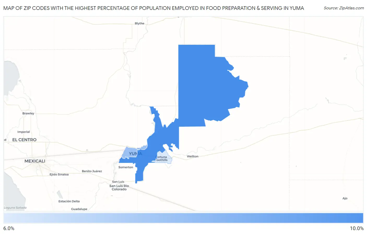 Zip Codes with the Highest Percentage of Population Employed in Food Preparation & Serving in Yuma Map
