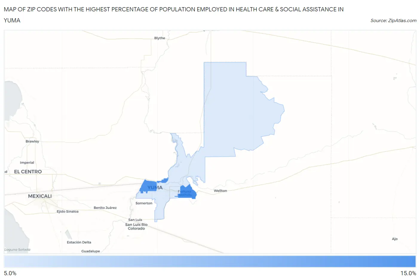 Zip Codes with the Highest Percentage of Population Employed in Health Care & Social Assistance in Yuma Map