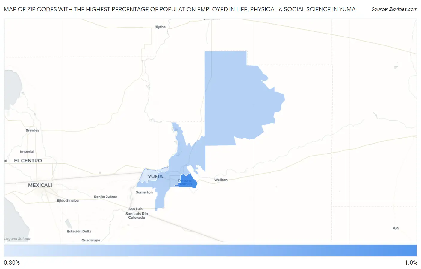 Zip Codes with the Highest Percentage of Population Employed in Life, Physical & Social Science in Yuma Map