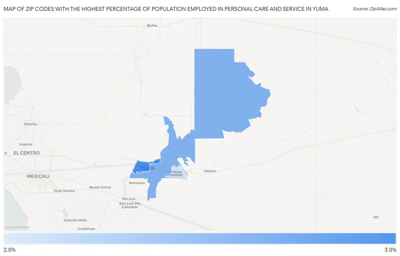 Zip Codes with the Highest Percentage of Population Employed in Personal Care and Service in Yuma Map
