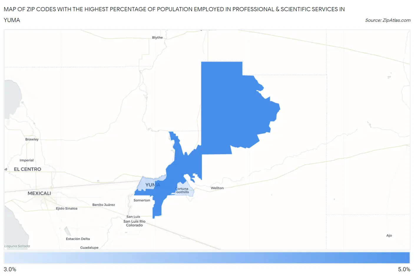 Zip Codes with the Highest Percentage of Population Employed in Professional & Scientific Services in Yuma Map