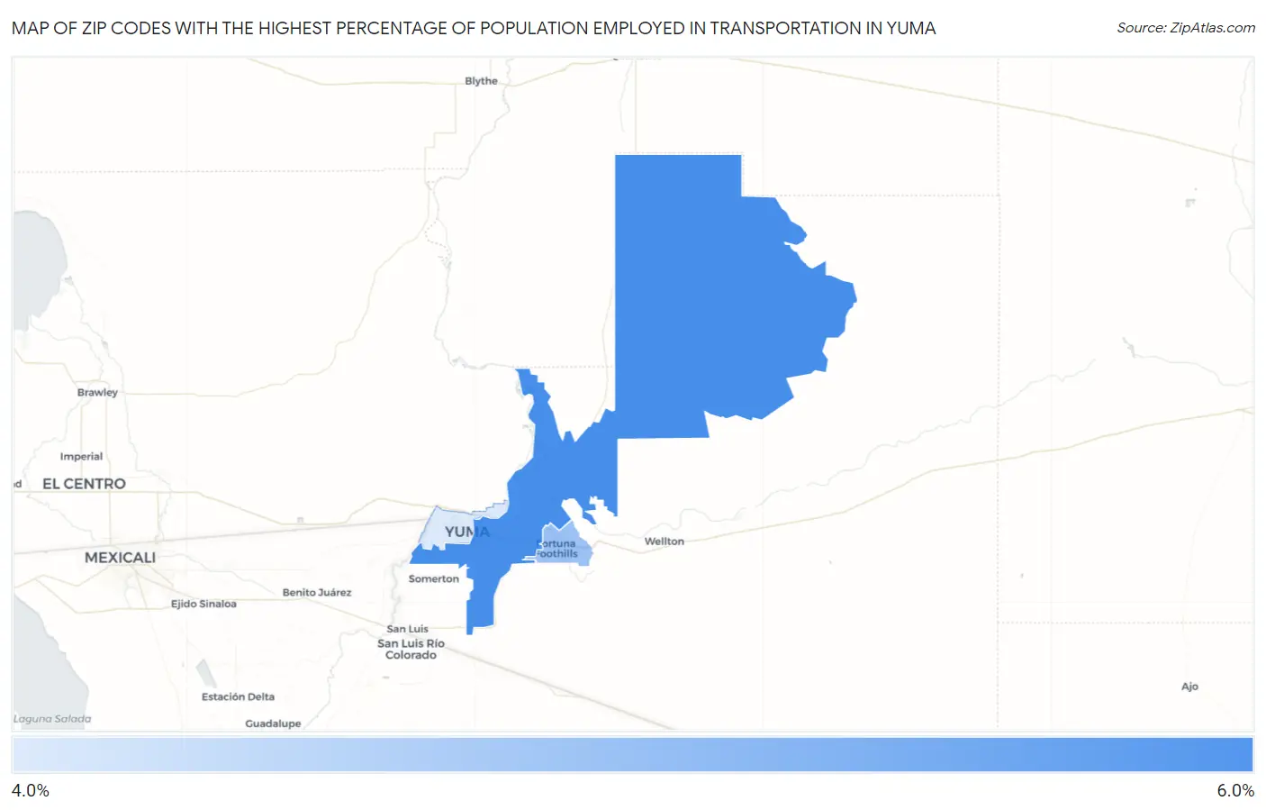 Zip Codes with the Highest Percentage of Population Employed in Transportation in Yuma Map