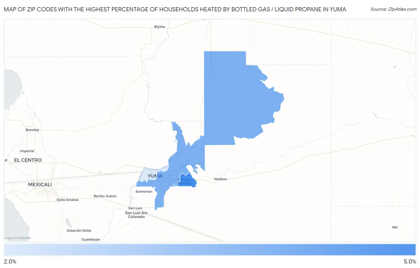 Zip Codes with the Highest Percentage of Households Heated by Bottled Gas / Liquid Propane in Yuma Map