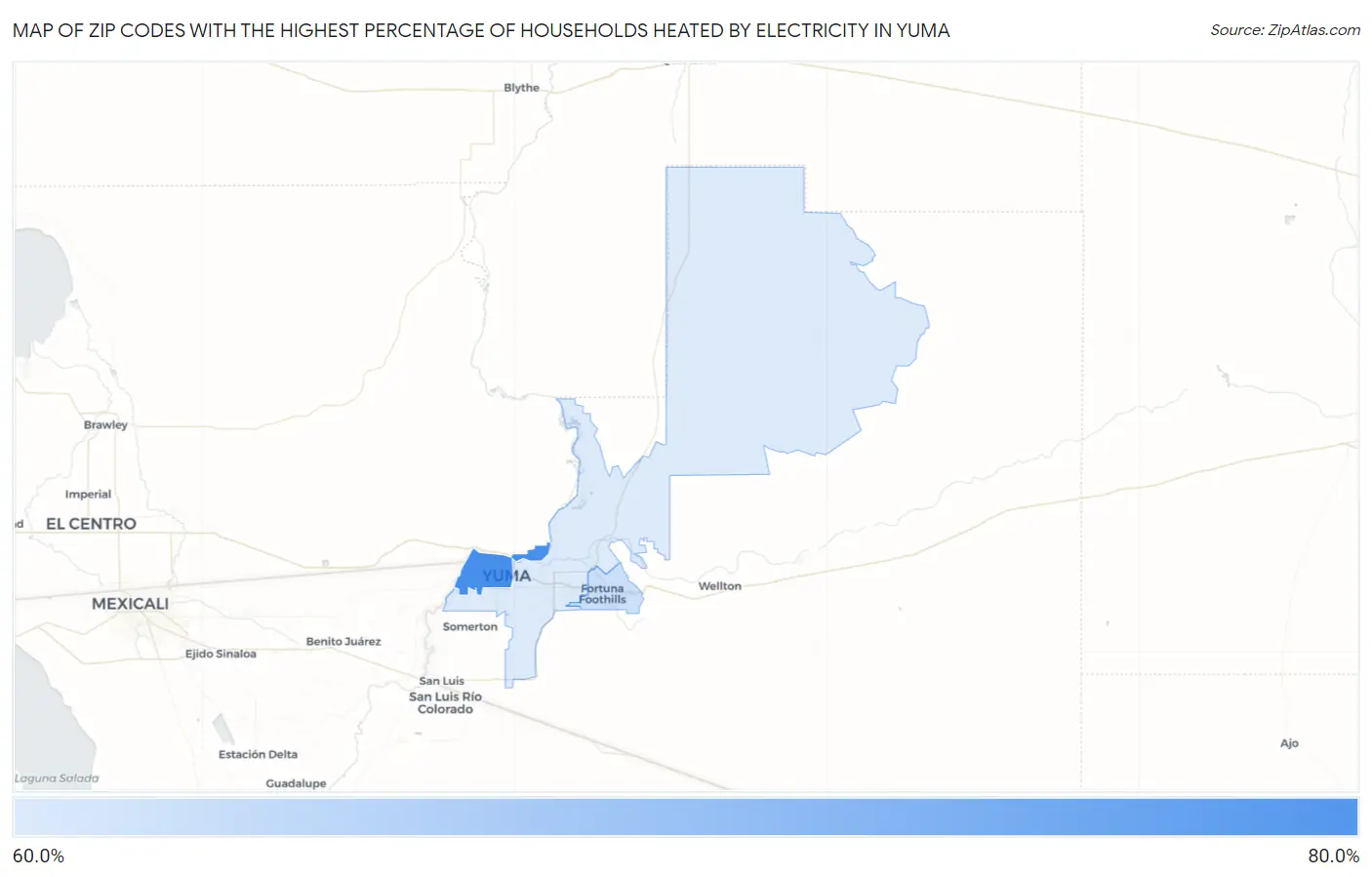 Zip Codes with the Highest Percentage of Households Heated by Electricity in Yuma Map