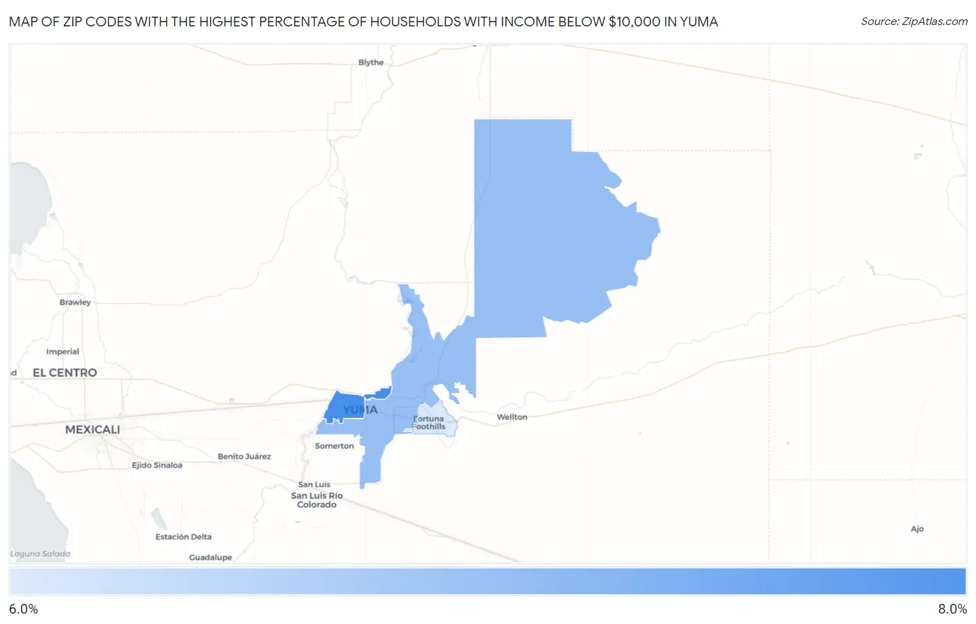 Zip Codes with the Highest Percentage of Households with Income Below $10,000 in Yuma Map