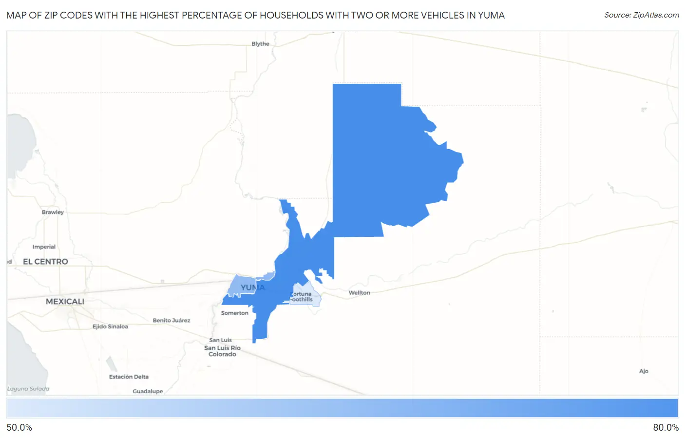 Zip Codes with the Highest Percentage of Households With Two or more Vehicles in Yuma Map