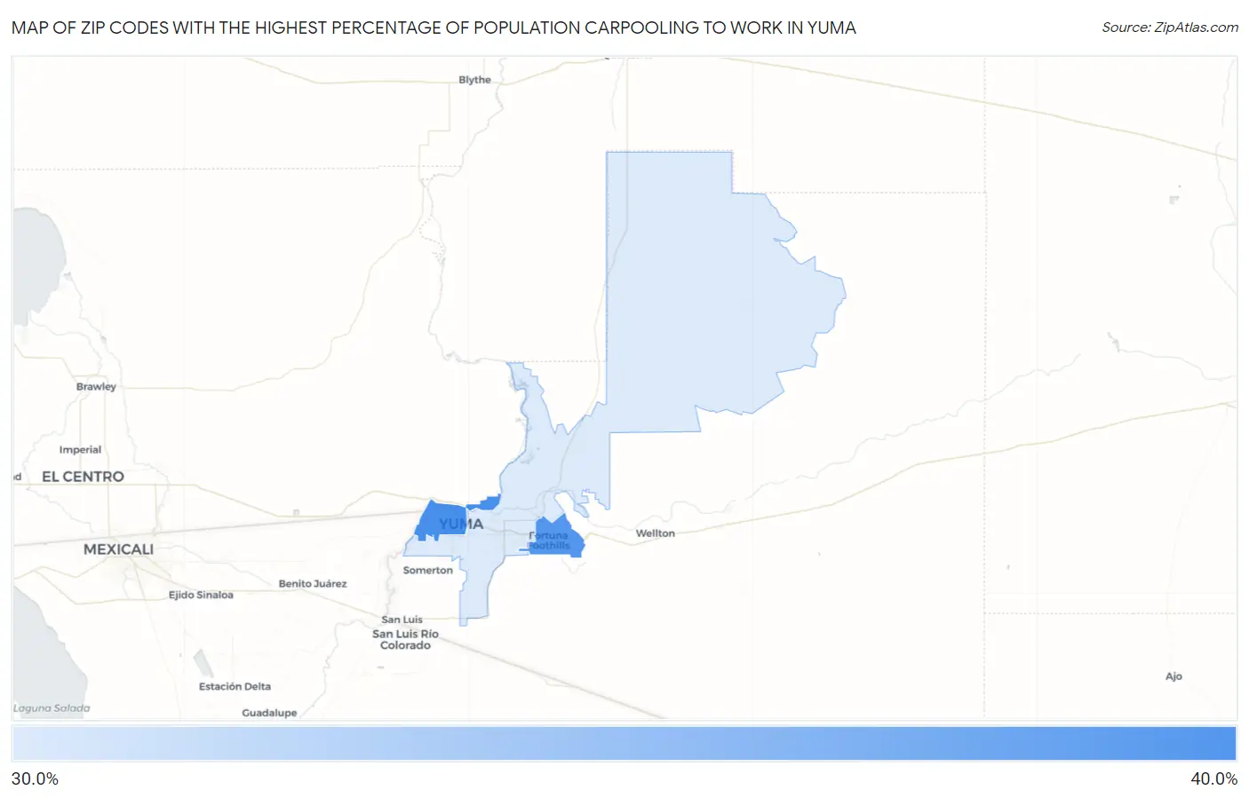 Zip Codes with the Highest Percentage of Population Carpooling to Work in Yuma Map