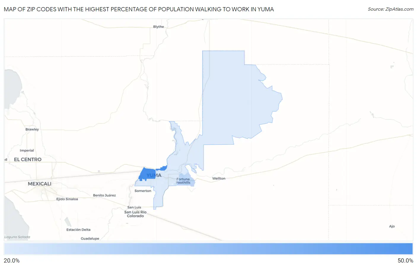 Zip Codes with the Highest Percentage of Population Walking to Work in Yuma Map