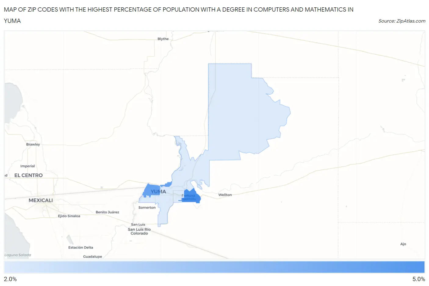 Zip Codes with the Highest Percentage of Population with a Degree in Computers and Mathematics in Yuma Map