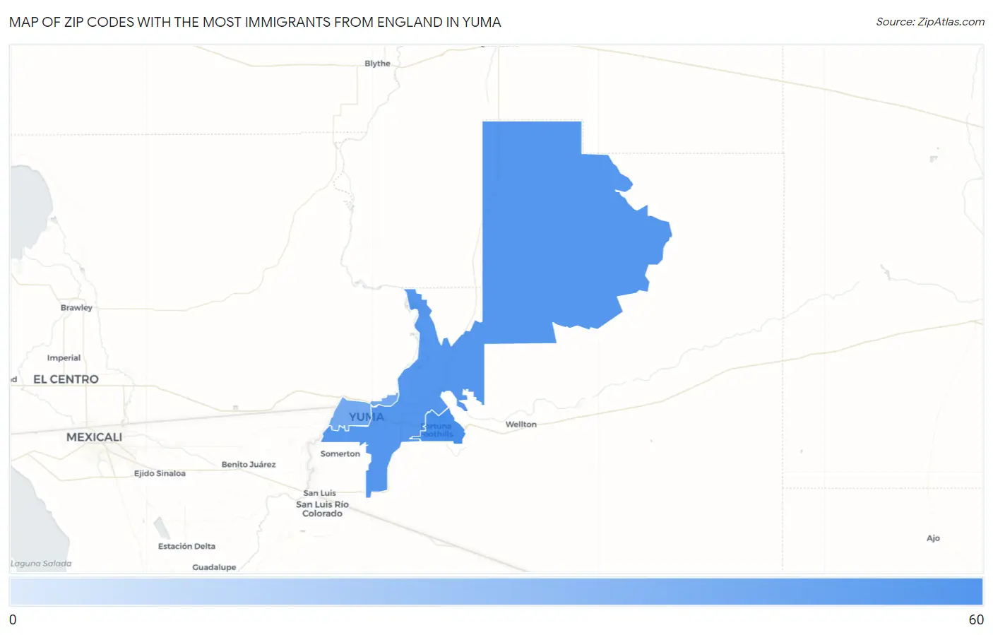 Zip Codes with the Most Immigrants from England in Yuma Map