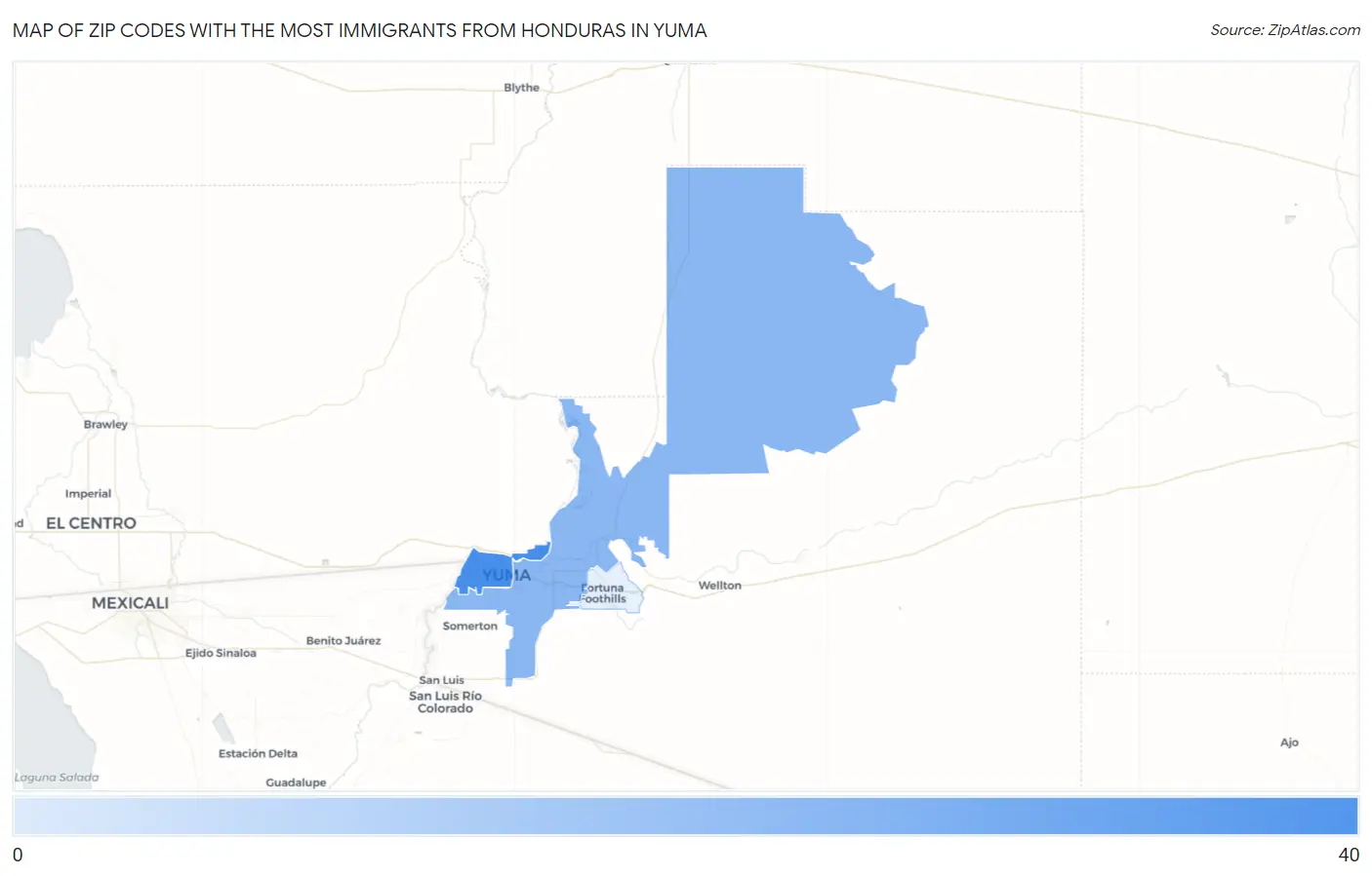 Zip Codes with the Most Immigrants from Honduras in Yuma Map
