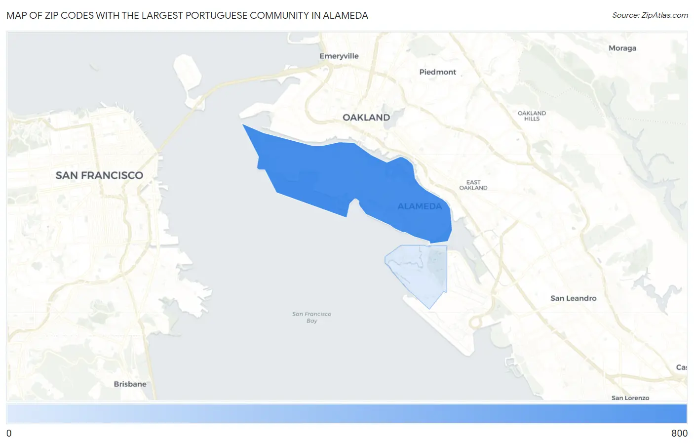 Zip Codes with the Largest Portuguese Community in Alameda Map