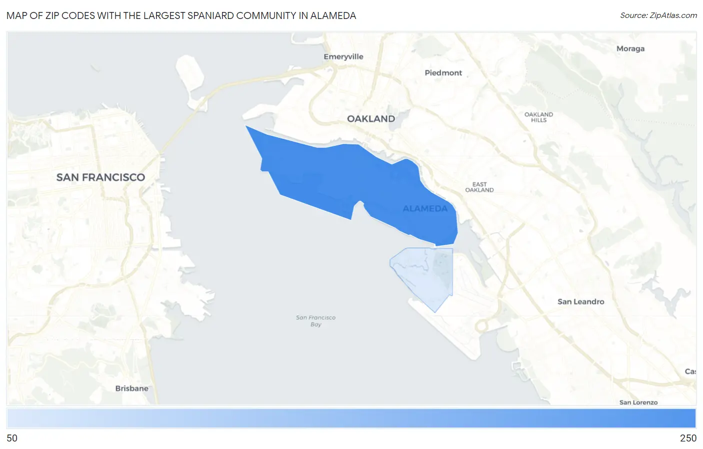 Zip Codes with the Largest Spaniard Community in Alameda Map