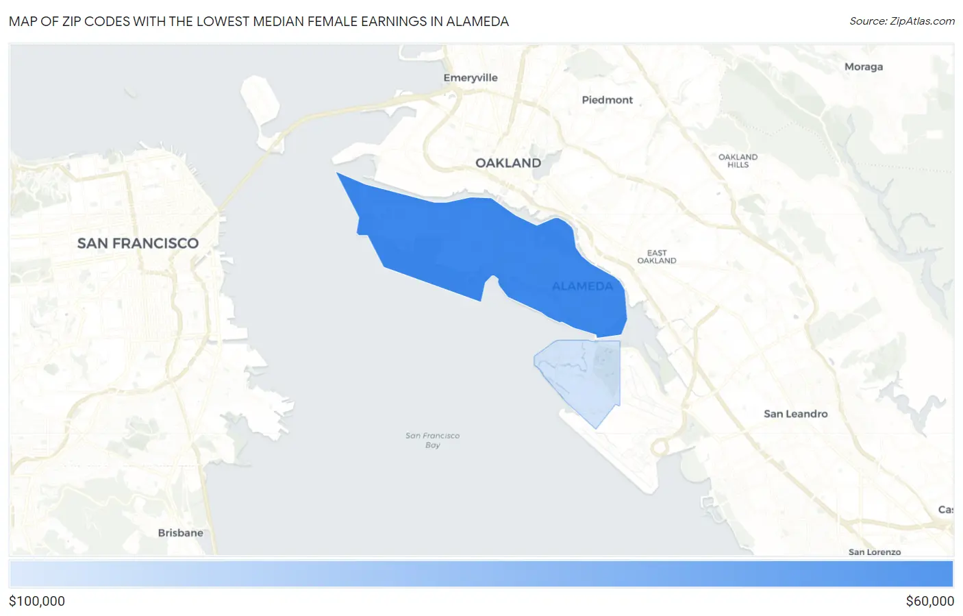 Zip Codes with the Lowest Median Female Earnings in Alameda Map