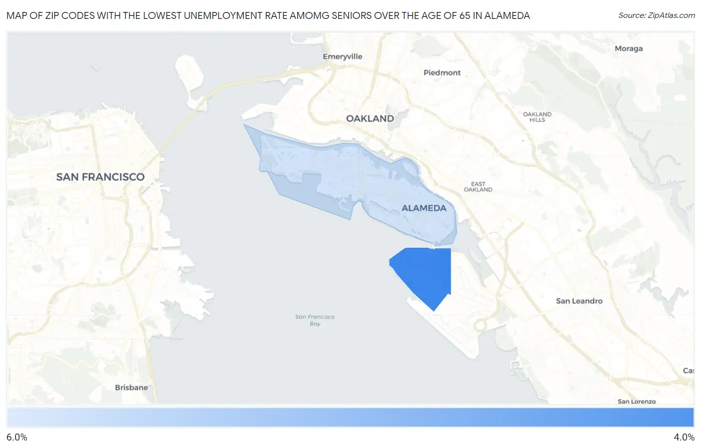 Zip Codes with the Lowest Unemployment Rate Amomg Seniors Over the Age of 65 in Alameda Map