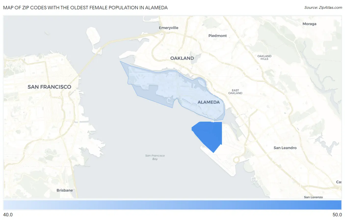 Zip Codes with the Oldest Female Population in Alameda Map