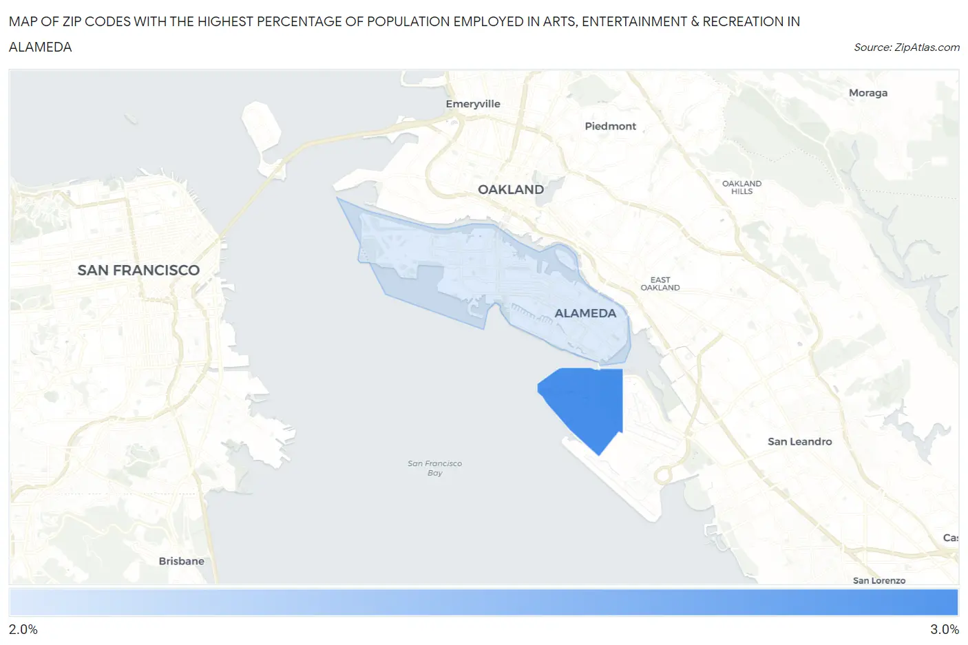 Zip Codes with the Highest Percentage of Population Employed in Arts, Entertainment & Recreation in Alameda Map