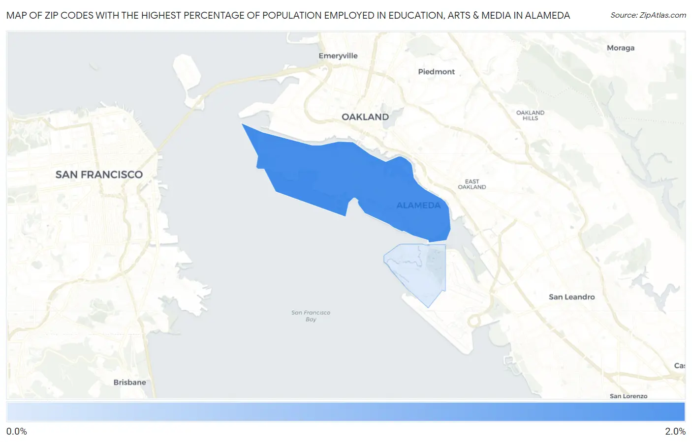Zip Codes with the Highest Percentage of Population Employed in Education, Arts & Media in Alameda Map
