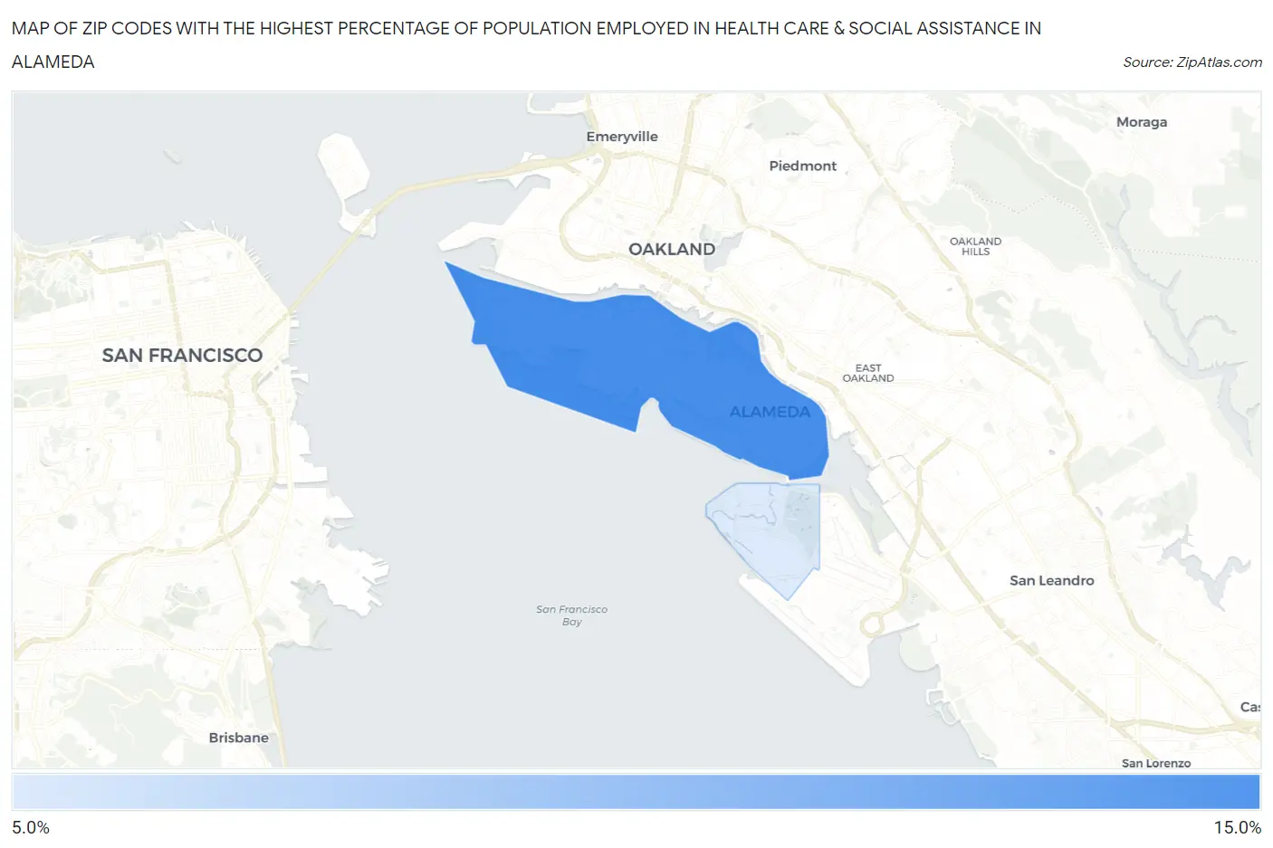 Zip Codes with the Highest Percentage of Population Employed in Health Care & Social Assistance in Alameda Map