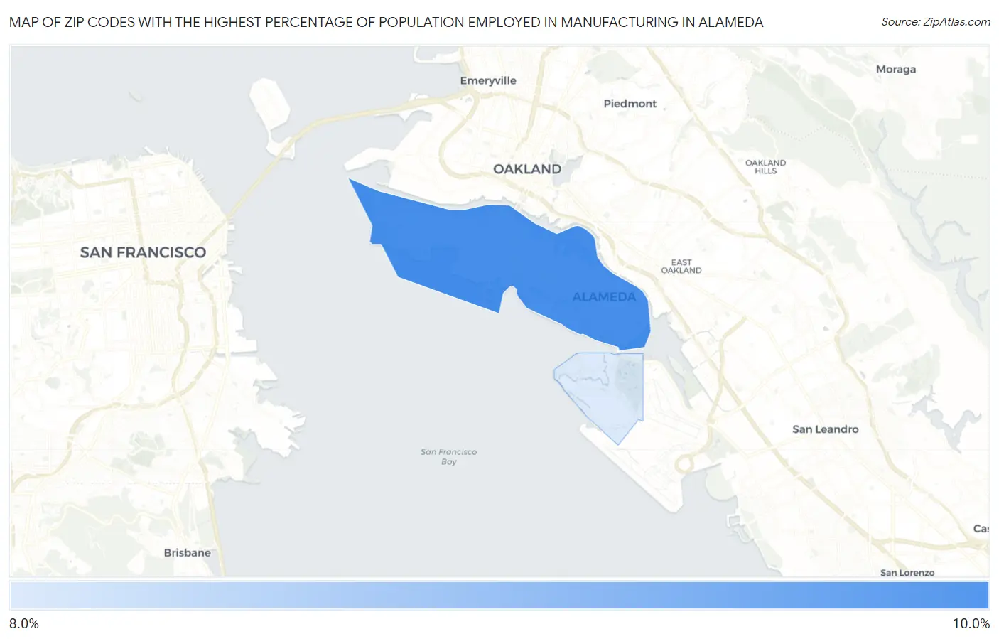 Zip Codes with the Highest Percentage of Population Employed in Manufacturing in Alameda Map