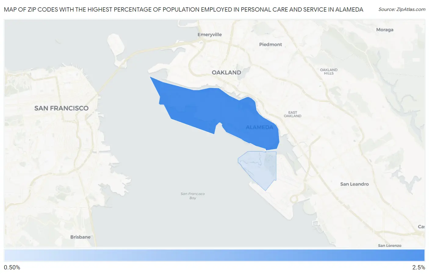 Zip Codes with the Highest Percentage of Population Employed in Personal Care and Service in Alameda Map