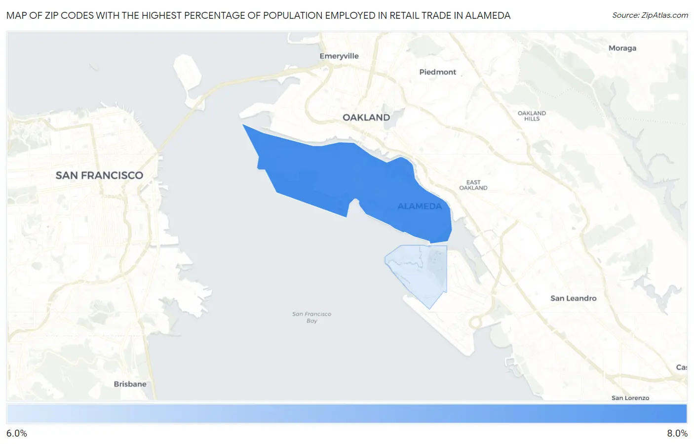 Zip Codes with the Highest Percentage of Population Employed in Retail Trade in Alameda Map