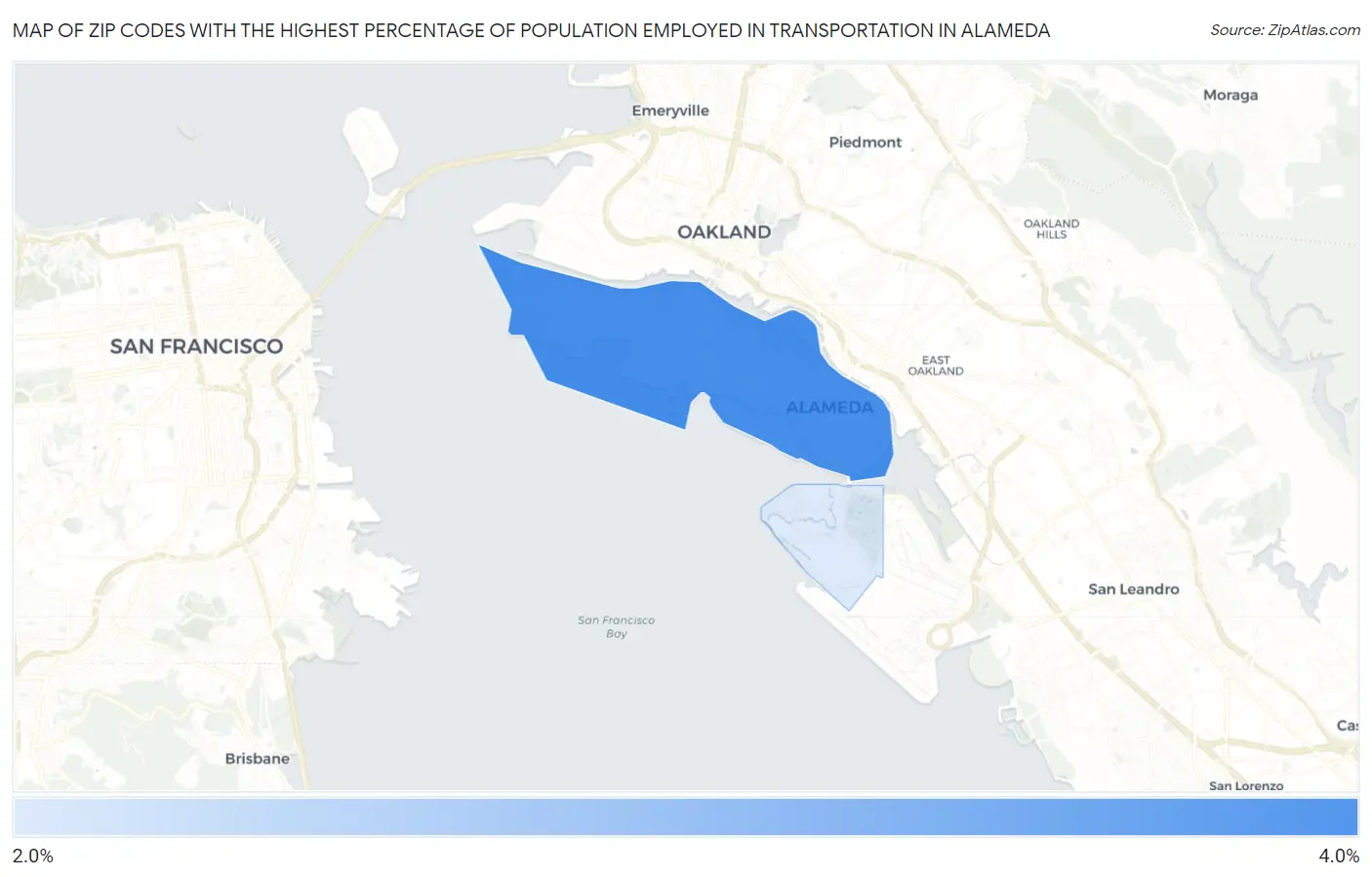 Zip Codes with the Highest Percentage of Population Employed in Transportation in Alameda Map