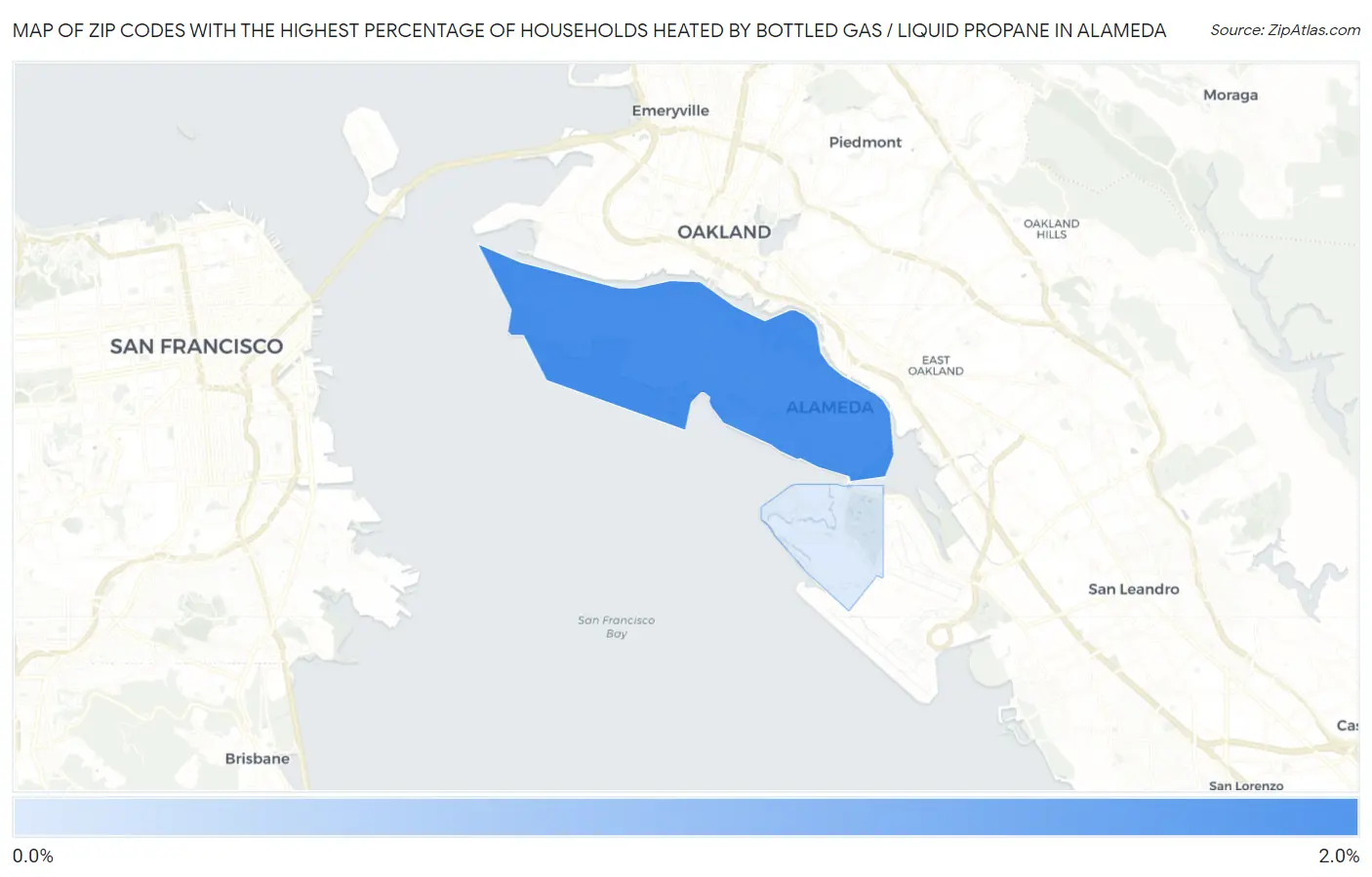 Zip Codes with the Highest Percentage of Households Heated by Bottled Gas / Liquid Propane in Alameda Map