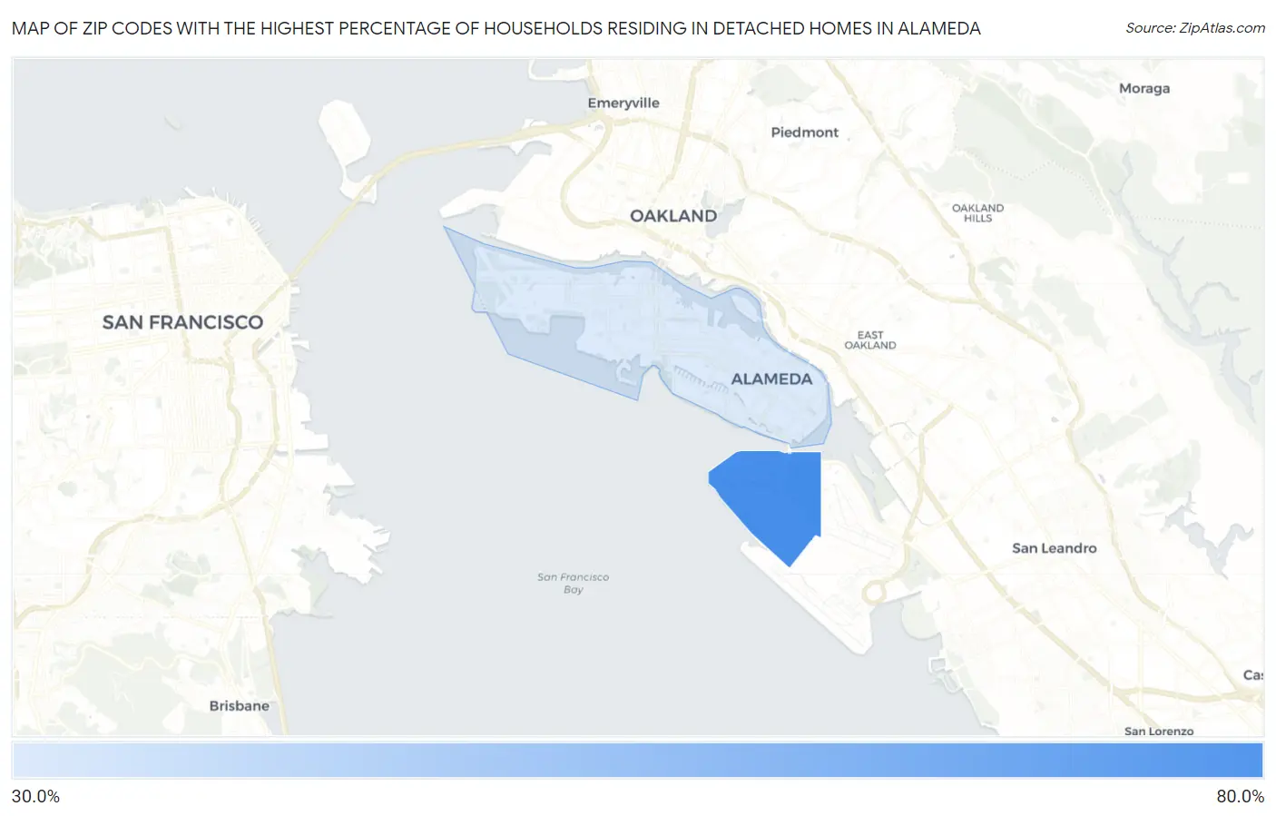 Zip Codes with the Highest Percentage of Households Residing in Detached Homes in Alameda Map